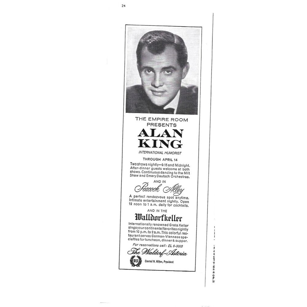 Alan King Wardorf Astoria Advertisement NYC 1960s Vintage Print Ad 9 inch Tall